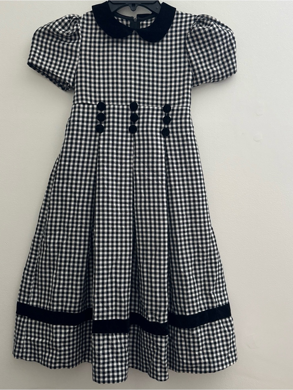 Vintage Bonnie Jean Girls Dress Gingham Peter Pan Collar 80s Black Velvet Size 7